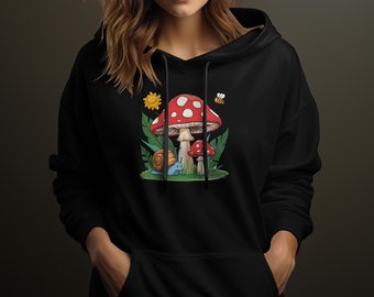 Whimsical Mushroom and Garden Creatures Illustrated Sweatshirt, Unisex Nature-Inspired Comfort Wear, Unique Snail and Bee Graphic Hoodie