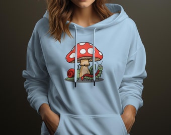 Whimsical Mushroom and Friendly Insects Graphic Sweatshirt, Unisex Nature-Inspired Hoodie, Casual Red Mushroom Pullover, Cute Cartoon Bug