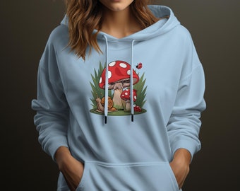 Whimsical Snail and Mushrooms Graphic Sweatshirt, Cute Ladybug, Nature Illustration, Casual Unisex Hoodie, Quirky Garden Fauna, Cozy Apparel