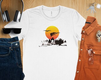 Epic Battle Scene T-Shirt, Sunlit Silhouette with Flags and Warriors