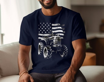 Vintage Tractor American Flag T-Shirt, Patriotic Farming Graphic Tee, Farmer Gift, USA Flag Shirt