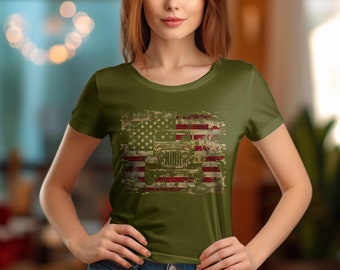 Vintage American Flag Jeep T-Shirt, Patriotic Off-Road Vehicle Tee, Distressed US Flag 4x4 Shirt, Military Style Graphic Top for Men, women