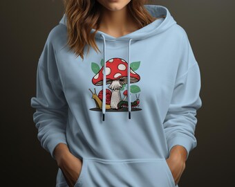 Whimsical Snail and Mushroom Graphic Sweatshirt, Unisex Nature Inspired Pullover, Casual Enchanted Forest Illustration Hoodie Top