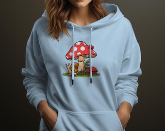 Whimsical Forest Creature Sweatshirt - Mushroom Snail Ladybug Illustration - Nature Lover Pullover - Unisex Graphic Hoodie - Casual Wear