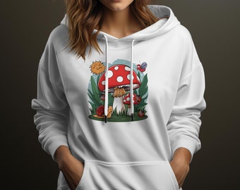 Whimsical Mushroom and Insects Graphic Sweatshirt, Nature Inspired Unisex Hoodie, Casual Fall Clothing, Cute Snail Bug Sun Illustration