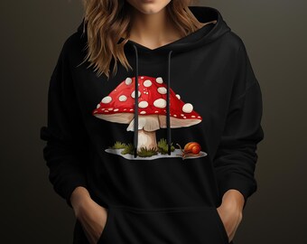 Red Mushroom Graphic Sweatshirt, Unisex Nature Inspired Hoodie, Casual Fungi Illustration Jumper, Amanita Print Top, Forest-themed Apparel