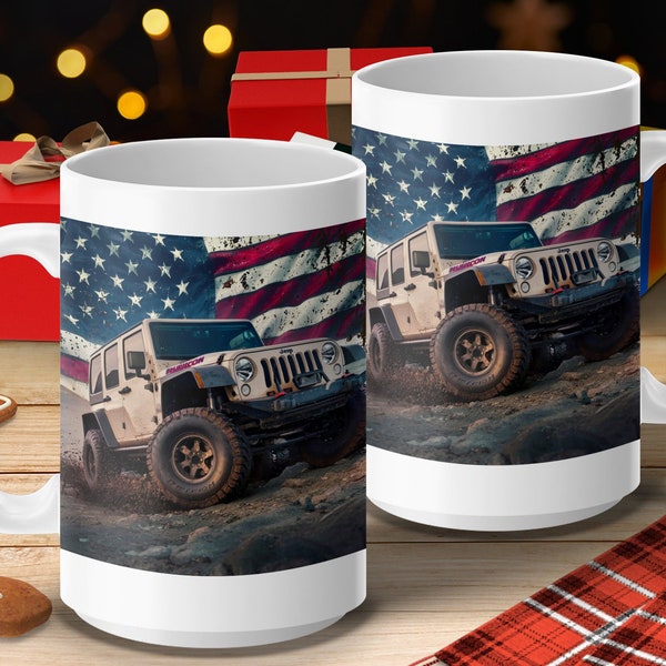 Off-Road Adventure Jeep Mug, Patriotic American Flag Background, Rugged 4x4 Vehicle Coffee Cup, Gift for Jeep Lovers