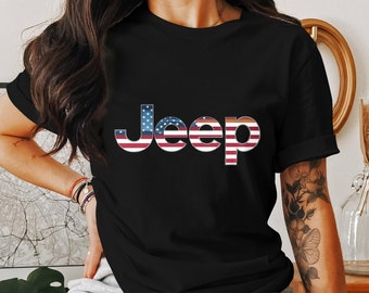 Patriotic Jeep Logo T-Shirt, American Flag Design, 4x4 Off-Road Vehicle Tee, Independence Day Apparel, Stars and Stripes Shirt, Casual Wear