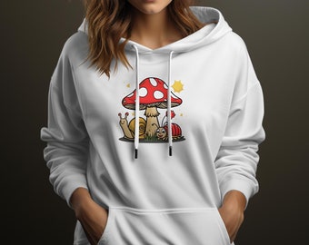 Enchanted Forest Snail and Ladybug Sweatshirt, Whimsical Mushroom Graphic, Cozy Unisex Hoodie, Casual Nature-Inspired Top, Gift Idea