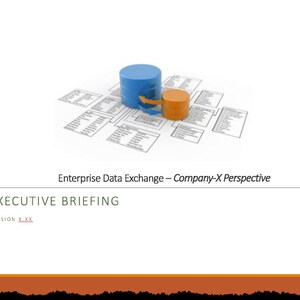 Könnte beinhalten: Ein Diagramm eines Datenaustauschsystems mit zwei blauen und orangefarbenen Datenbank-Symbolen. Der Text "Enterprise Data Exchange - Company-X Perspective" befindet sich unter dem Diagramm. Der Text "Executive Briefing" befindet sich unter dem Text "Enterprise Data Exchange - Company-X Perspective". Der Text "Version x.xx" befindet sich unter dem Text "Executive Briefing". Der Text "Date" befindet sich am unteren Rand der Seite.