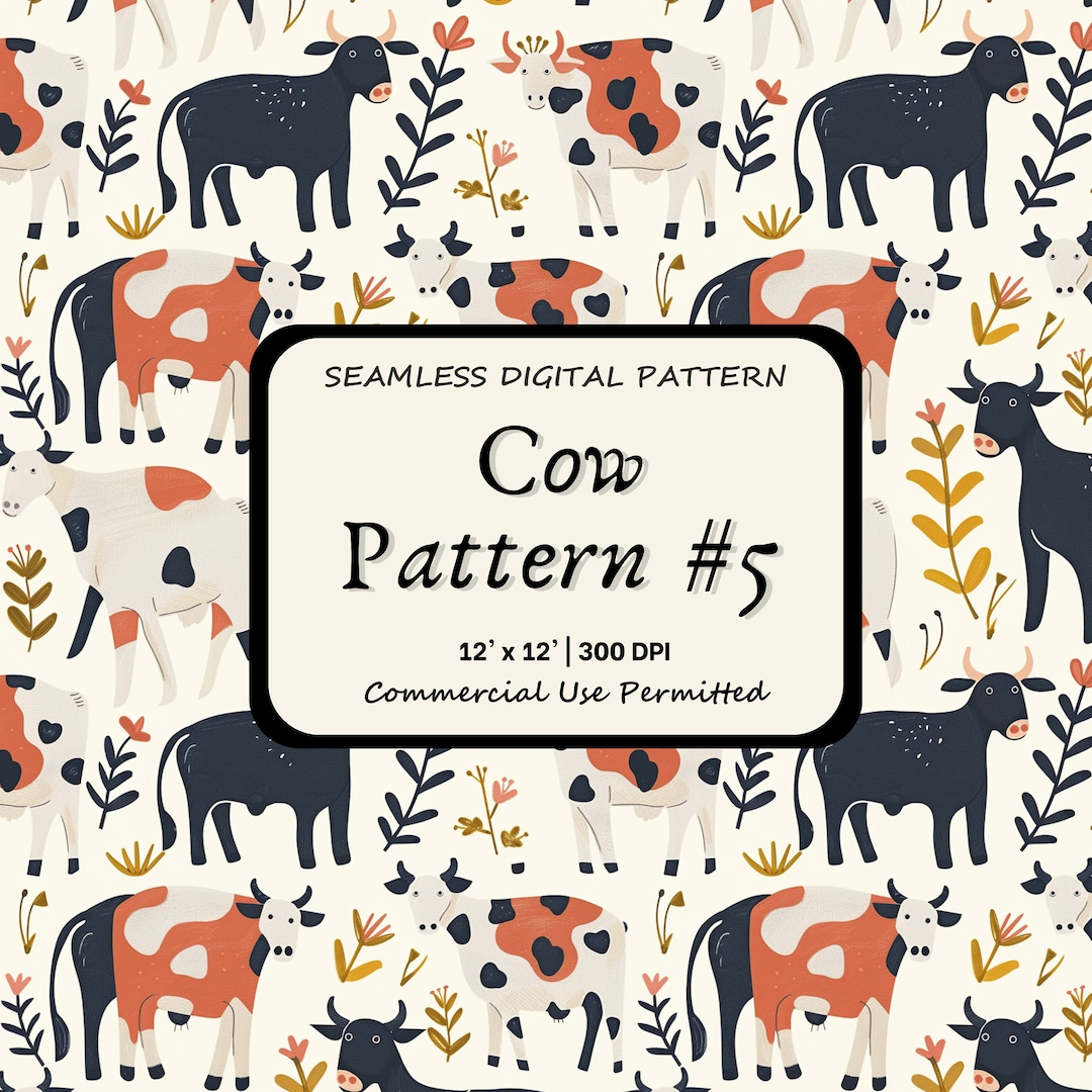Cow Pattern 5 Seamless Pattern Unlimited Commercial License Use Download Permitted, Cute 70s 80s