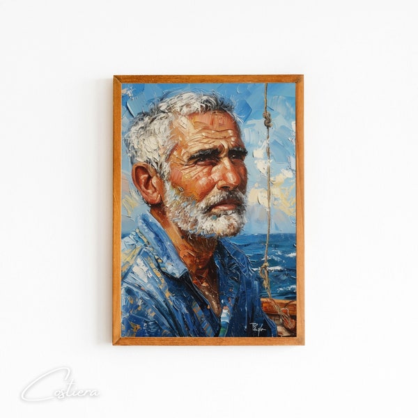 Mediterranean Fisherman Portrait Coastal Art with Marine Theme Nautical Office Decor Traditional Style Home Decor Printable Digital Art | P1