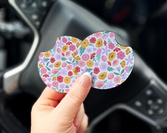Floral Pattern Car Coasters, Pink Car Accessory, Set of 2