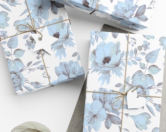 Blue Florals Greenry gift Wrap Paper, Wrapping Paper Roll