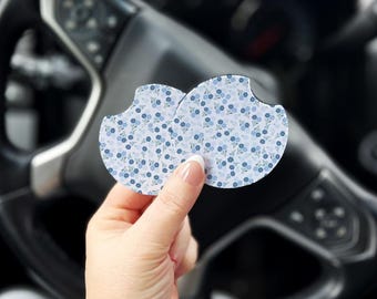 Posavasos para coche con estampado floral, accesorio para coche azul y blanco, juego de 2
