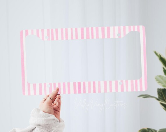 Pink Stripe Metal License Plate Frame | Blush Coquette Print
