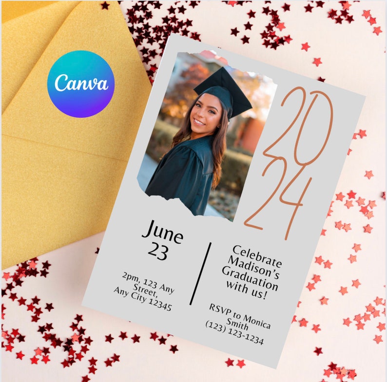 Gray and Orange Image Scrap 2024 Graduation Invitation, Simple