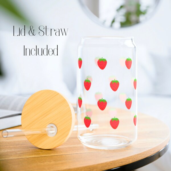 Strawberry Pattern Cute Can Cup with Lid and Straw, Sipper Glass, 16oz