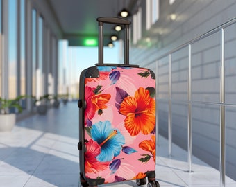 Ibisco rosa brillante fiori hawaiani bagaglio da viaggio valigia / spiaggia oceano a bordo piscina acqua vacanze estive @ Kinderniche
