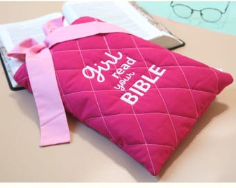 Handmade Bible Cover Quilted Bible Bag Pink Bow Large Bible Cover For Girl Read Your Bible Sleeve With Bow Pink Book Sleeve Embroidered Bag