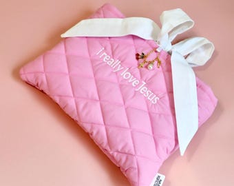 Custom Handmade Quilted Bible Sleeve Pink Girlie Christian Gift Personalized Embroidered Book Cover Scripture Journal Sleeve Fabric Book Bag