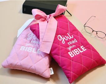 Pink Quilted Bible Cover Handmade Inspirational Gift for Her Custom Quilted Bible Sleeve Embroidered Fabric Cover Religious Gift for Women