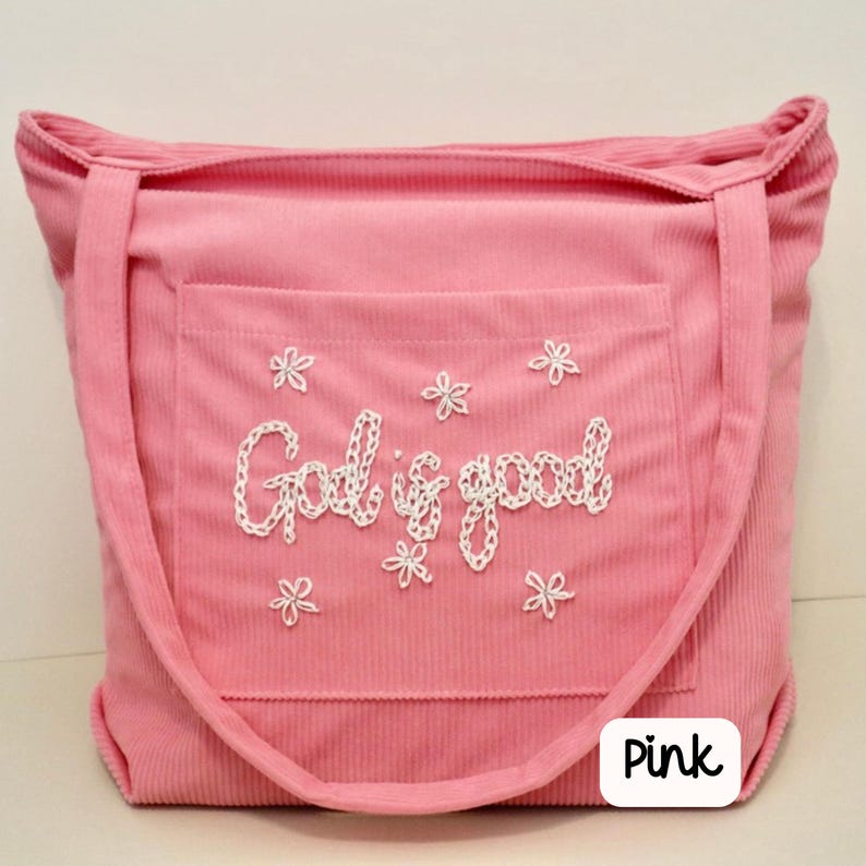 Soft pink corduroy Christian tote bag with zipper and large front pocket. Handmade embroidered scripture adds a feminine touch, perfect for Bible study, Sunday school, or daily devotion. Stylish and functional tote for women, ideal for faith-driven gifts, Bible carrying bag, and everyday Christian accessory. Embroidered Christian Corduroy Tote Bag Bible Study Shoulder Bag with Zipper Brown God Is Good Crossbody Handbag, Christian Church Tote Bag Bible Carry Bag Religious Canvas Bag for Women