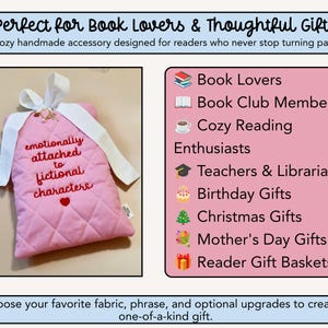 Perfect for gifting infographic for handmade quilted book sleeve, gift for book lovers, Kindle sleeve, e-reader case, cozy reading gift for birthdays, holidays, and teacher gifts.
