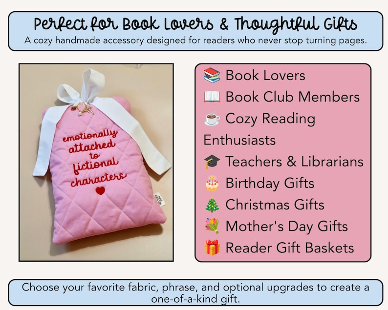 Perfect for gifting infographic for handmade quilted book sleeve, gift for book lovers, Kindle sleeve, e-reader case, cozy reading gift for birthdays, holidays, and teacher gifts.