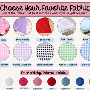Fabric and thread color chart for handmade quilted book sleeve showing cotton fabric options and embroidery thread colors for custom book sleeve Kindle sleeve e-reader case.