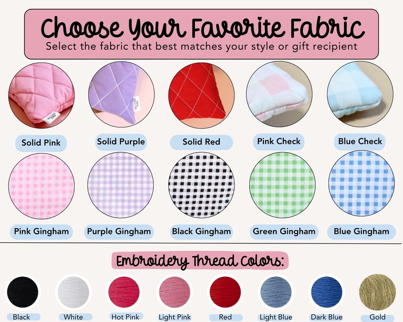 Fabric and thread color chart for handmade quilted book sleeve showing cotton fabric options and embroidery thread colors for custom book sleeve Kindle sleeve e-reader case.