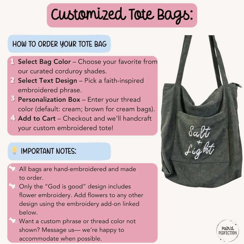 Hand-embroidered Christian corduroy Bible carrying bag with secure zipper and front pocket, crafted for daily devotion and church use. Spacious design fits Bibles, journals, and notebooks—perfect for Bible study or Sunday service. Modern faith tote bag handmade for Christian women who love stylish, functional accessories that share their belief beautifully.