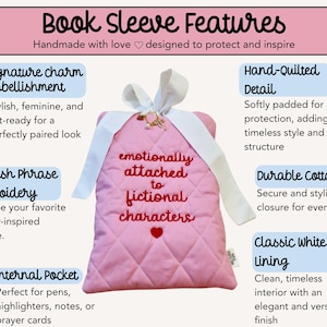 Handmade quilted book sleeve features infographic showing padded protection, cotton fabric, embroidery options, and customizable book sleeve for book lovers Kindle and e-reader case.