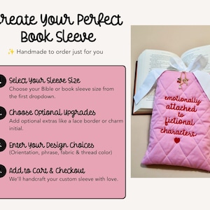 How to order handmade quilted book sleeve step by step infographic showing size selection personalization fabric choice and customization for Kindle sleeve book lover gift.
