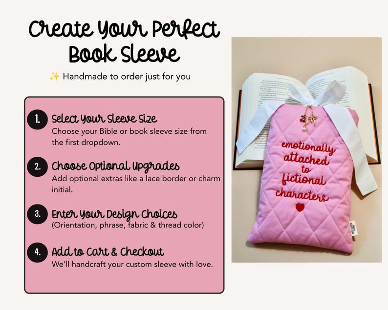 How to order handmade quilted book sleeve step by step infographic showing size selection personalization fabric choice and customization for Kindle sleeve book lover gift.