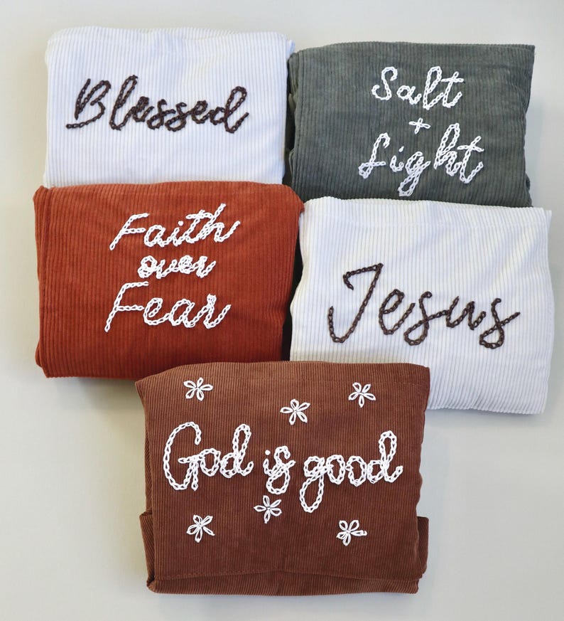 Inspirational embroidered tote bag crafted in soft, durable corduroy with “Salt + Light” stitched in artisan detail. Includes a large external pocket and several inner compartments, ideal for holding Bibles, journals, pens, and devotionals. Designed for Christian women who express their faith through style. Perfect for church, Bible study, or as a meaningful Christian gift that blends functionality and faith. Birthday Gift Ideas For Mom
