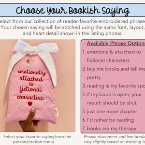 Embroidered bookish phrase options infographic for handmade quilted book sleeve featuring reading quotes book lover sayings Kindle sleeve and e-reader case customization.