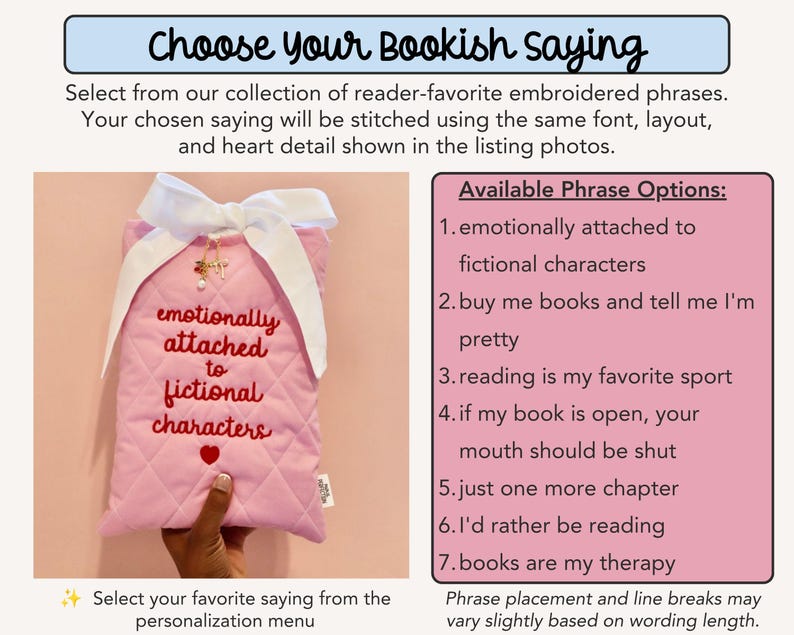 Embroidered bookish phrase options infographic for handmade quilted book sleeve featuring reading quotes book lover sayings Kindle sleeve and e-reader case customization.