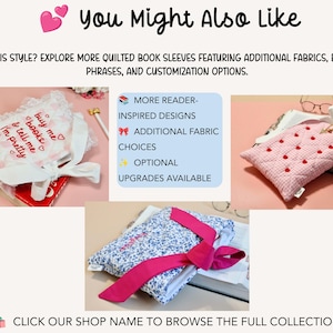 Shop more handmade quilted book sleeve designs infographic showing related book lover gifts Kindle sleeves e-reader cases and cozy reading accessories.