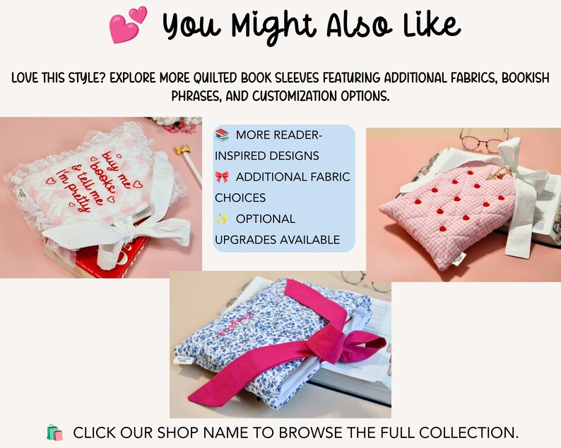 Shop more handmade quilted book sleeve designs infographic showing related book lover gifts Kindle sleeves e-reader cases and cozy reading accessories.