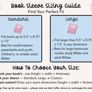 Size chart for handmade quilted book sleeve showing dimensions for paperback books Kindle Paperwhite Kindle Oasis and Kobo e-reader sleeve sizes.