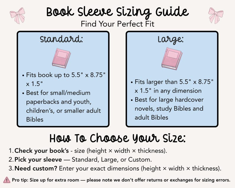 Size chart for handmade quilted book sleeve showing dimensions for paperback books Kindle Paperwhite Kindle Oasis and Kobo e-reader sleeve sizes.