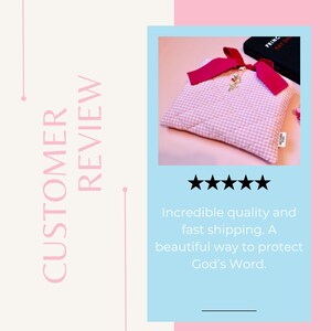 May include: A pink and white gingham book cover with a red ribbon and a gold charm. The cover is next to a black book with the title "PRINC RAY DA". The image also includes the text "CUSTOMER REVIEW" and "Incredible quality and fast shipping. A beautiful way to protect God's Word."