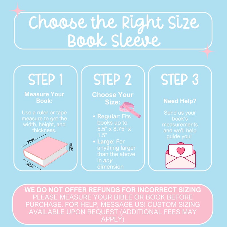 May include: A light blue graphic with text that reads "Choose the Right Size Book Sleeve." Instructions are provided for measuring a book and choosing the correct size. Regular size fits books up to 5.5" x 8.75" x 1.5".