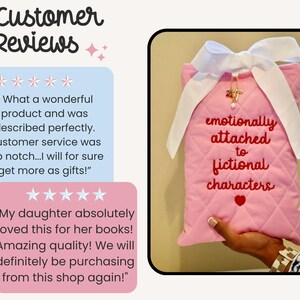 Customer review testimonial for handmade quilted book sleeve gift for book lovers showing positive feedback on Kindle sleeve and e-reader protective case.