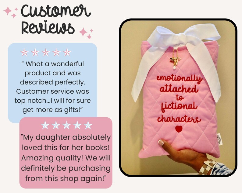 Customer review testimonial for handmade quilted book sleeve gift for book lovers showing positive feedback on Kindle sleeve and e-reader protective case.