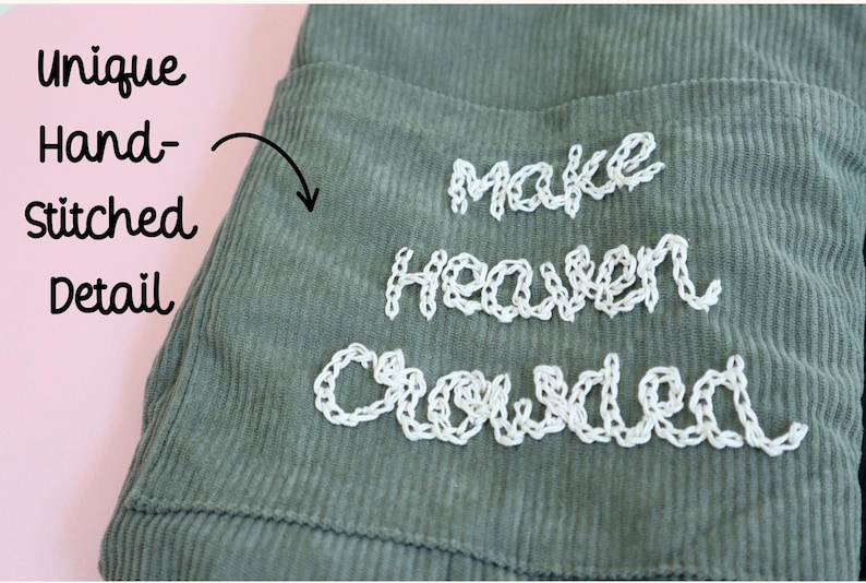 Hand embroidered corduroy tote bag with “Saved by Jesus” in a delicate, hand-stitched script, symbolizing faith and grace. This Christian tote includes a deep front pocket, zipper closure, and interior compartments for church or Bible study essentials. Ideal as a thoughtful Christian gift, this handmade tote is both beautiful and practical, making it the perfect daily companion for faith-driven women.