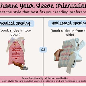 Book sleeve orientation options infographic showing horizontal and vertical handmade quilted book sleeve designs for books Kindle and e-reader protection case.
