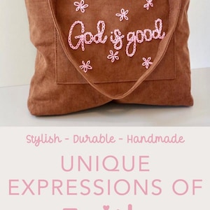 Pinterest collage showing multiple handmade embroidered Christian tote bag variations with phrases like “Faith Over Fear,” “Blessed,” and “Salt + Light.” Displays color and design diversity across the collection — each with large pockets, zipper closures, and soft corduroy texture. Christian women, book lovers, and Bible study groups seeking meaningful faith-based accessories.