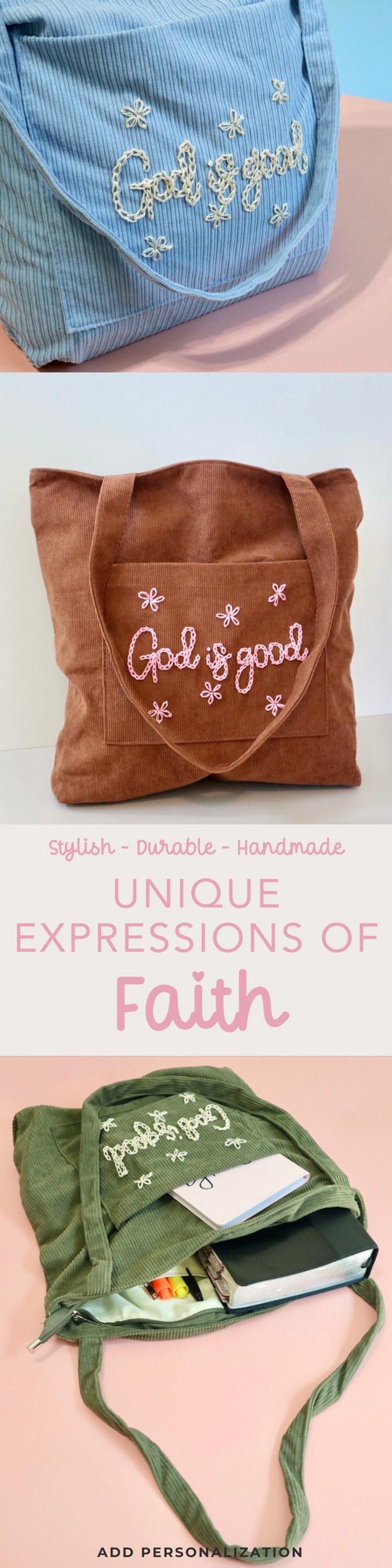 Pinterest collage showing multiple handmade embroidered Christian tote bag variations with phrases like “Faith Over Fear,” “Blessed,” and “Salt + Light.” Displays color and design diversity across the collection — each with large pockets, zipper closures, and soft corduroy texture. Christian women, book lovers, and Bible study groups seeking meaningful faith-based accessories.